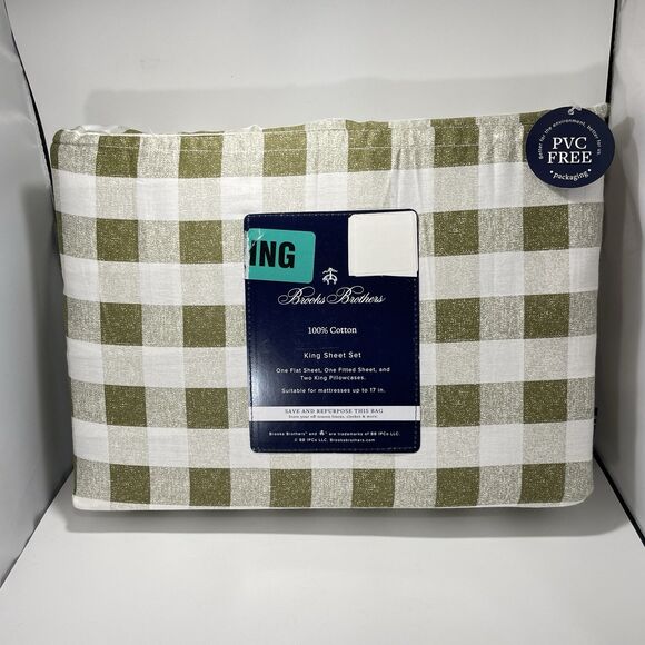 Brooks Brothers Other - Brooks Brothers King Sheet Set 100% Cotton Green Gingham Plaid